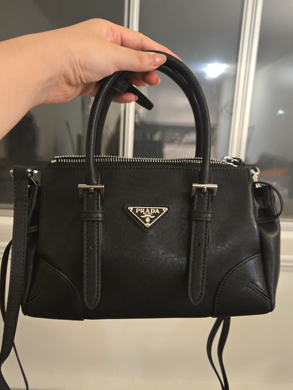 Prada Black Leather Top-Handle Satchel with Silver Hardware